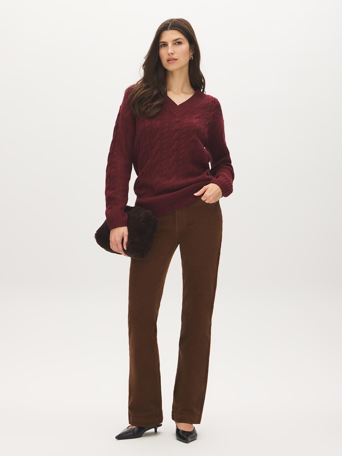 Zinfandel Cable Knit V-Neck Sweater - Front View - Suzy Shier