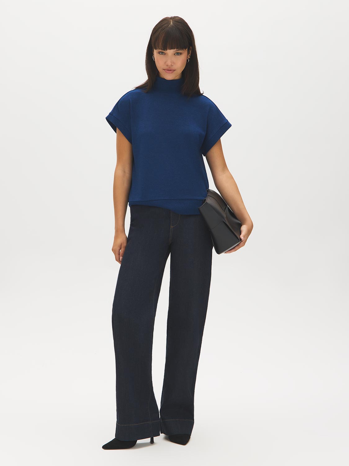 Estate Blue Melange Mock Neck Top - Front View - Suzy Shier