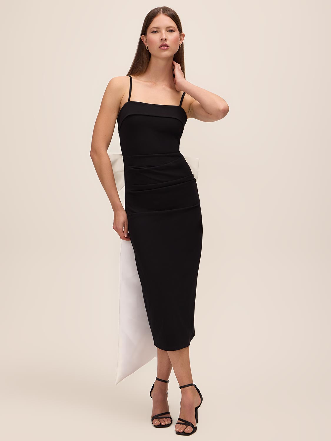 Black/White Knit Crepe Midi Sheath Dress - Front View - Le Chateau
