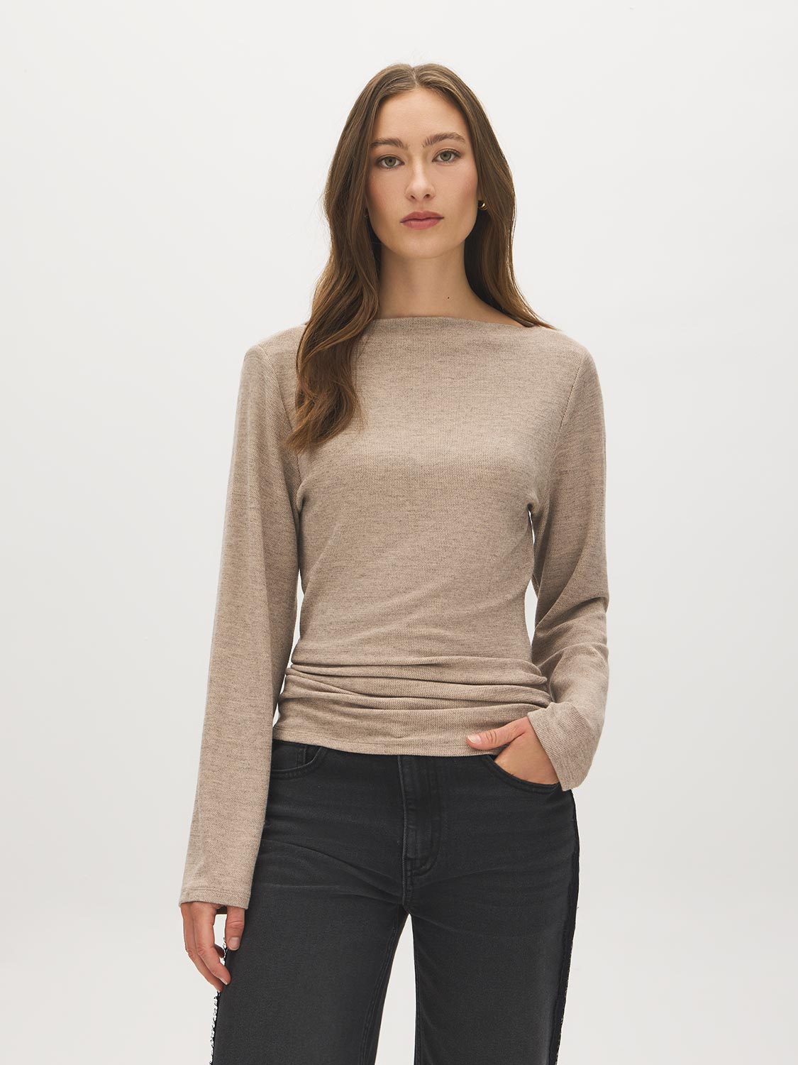 Beige Melange Sweater Knit Boat Neck Tunic - Woman Wearing Long Sleeve Top - Suzy Shier