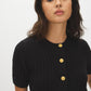 Black Short Sleeve Ribbed Cardigan - Close-up Button Detail - Suzy Shier