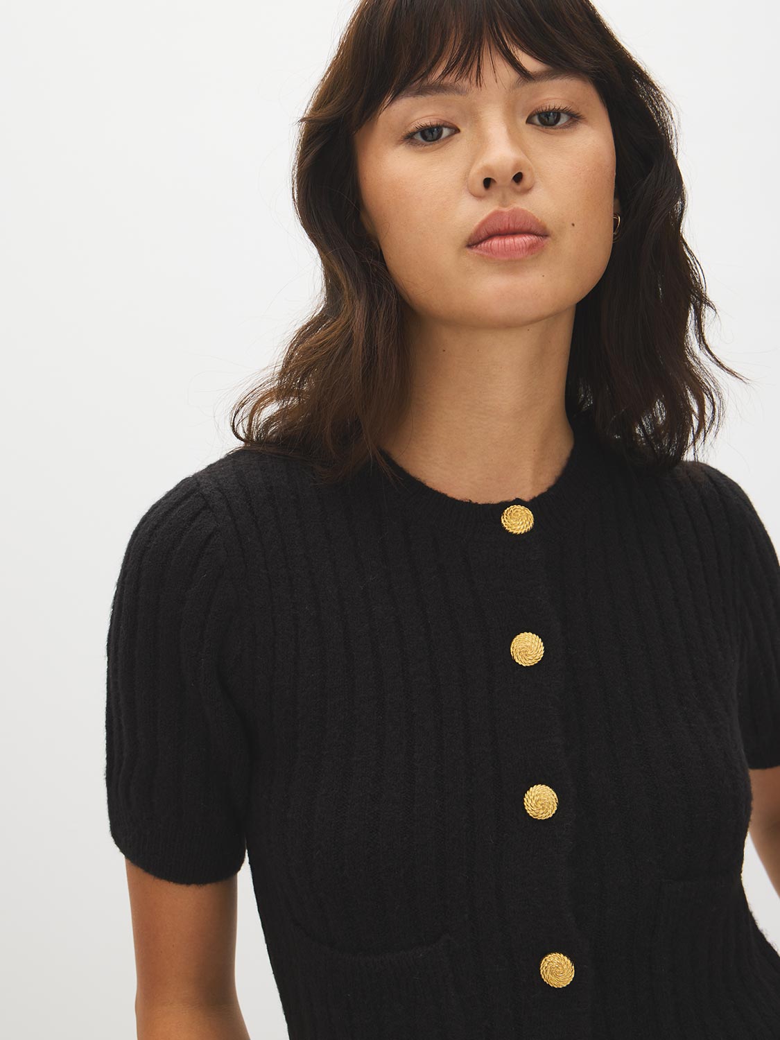 Black Short Sleeve Ribbed Cardigan - Close-up Button Detail - Suzy Shier