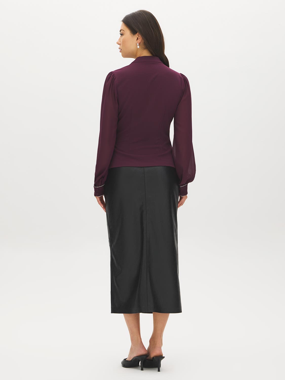 Winetasting V-Neck Scuba Crepe Top with Rhinestone Cuffs - Back View - Suzy Shier