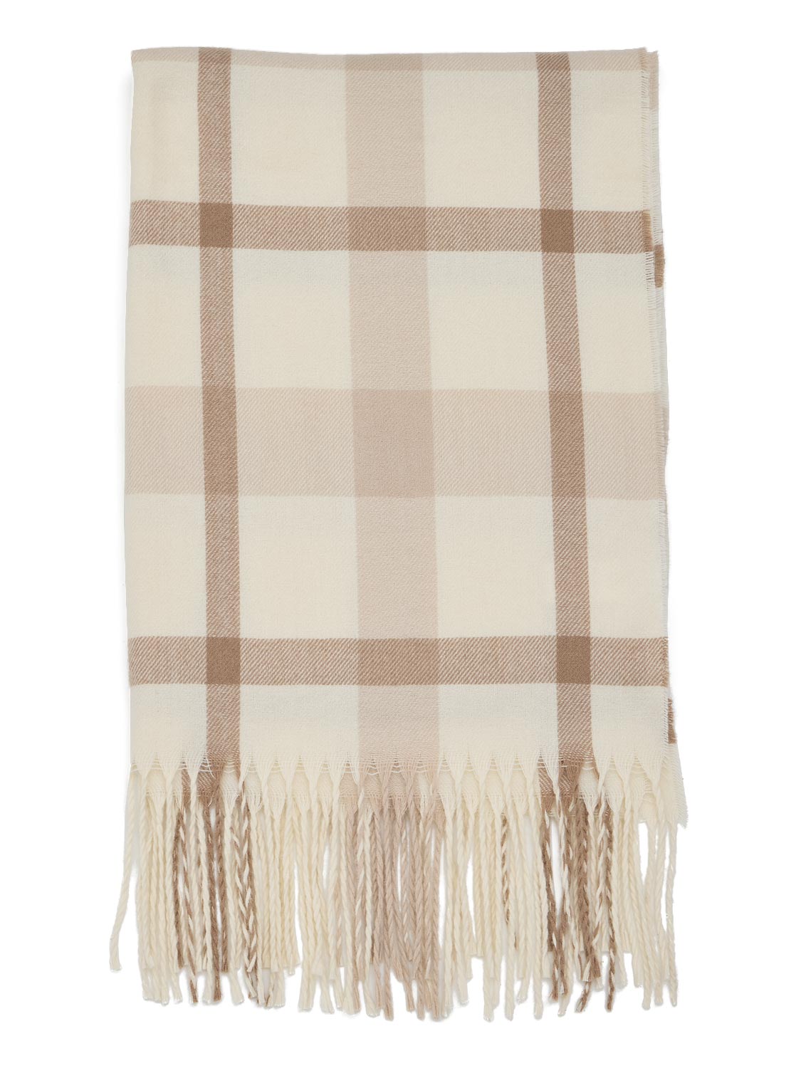 Beige Plaid Soft Brushed Scarf with Fringes - Front View - Suzy Shier