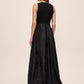 Black V-Neck Jumpsuit with Jacquard Skirt Overlay - Back View - Le Chateau