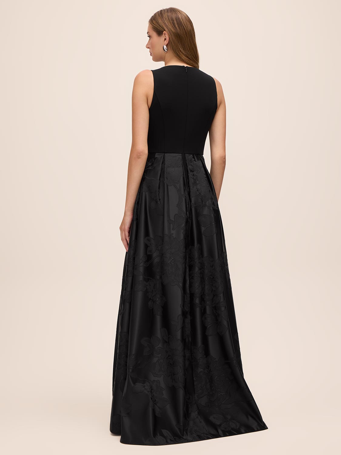 Black V-Neck Jumpsuit with Jacquard Skirt Overlay - Back View - Le Chateau