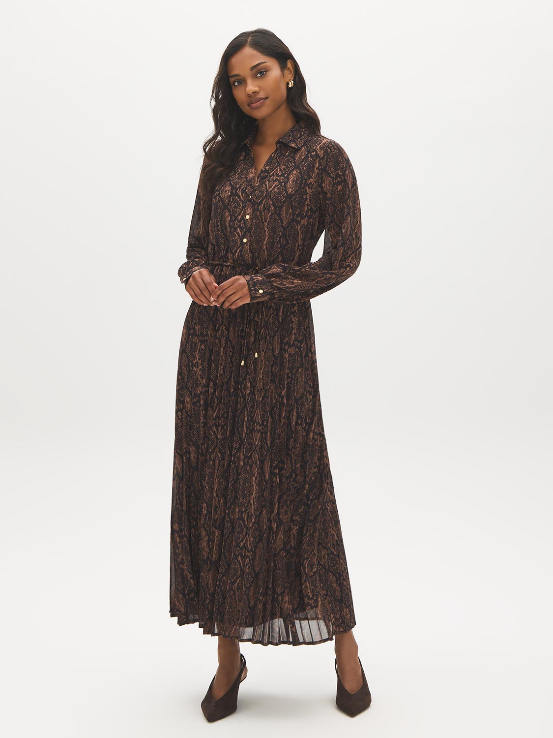 Black Bean Snake Print Chiffon Dress - Full Front View - Suzy Shier