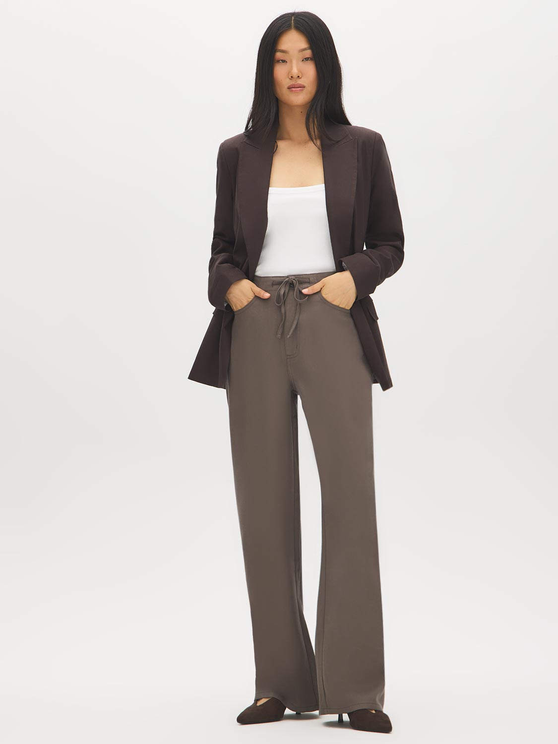 Dark Driftwood Brushed Tencel Straight Leg Pants - Woman Wearing Relaxed Fit Trousers - Suzy Shier