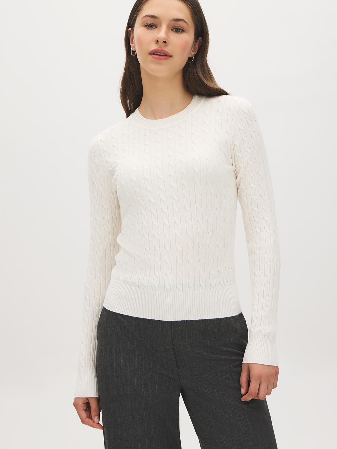 Snow White Cable Knit Crew Neck Sweater - Woman Wearing Classic Cable Knit Pullover - Suzy Shier