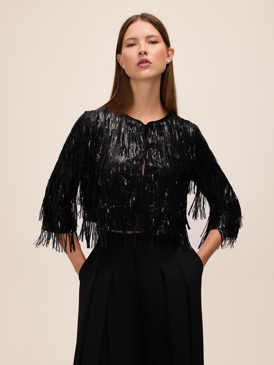 Black Sequin Fringe Bolero Cover Up - Back View - Le Chateau