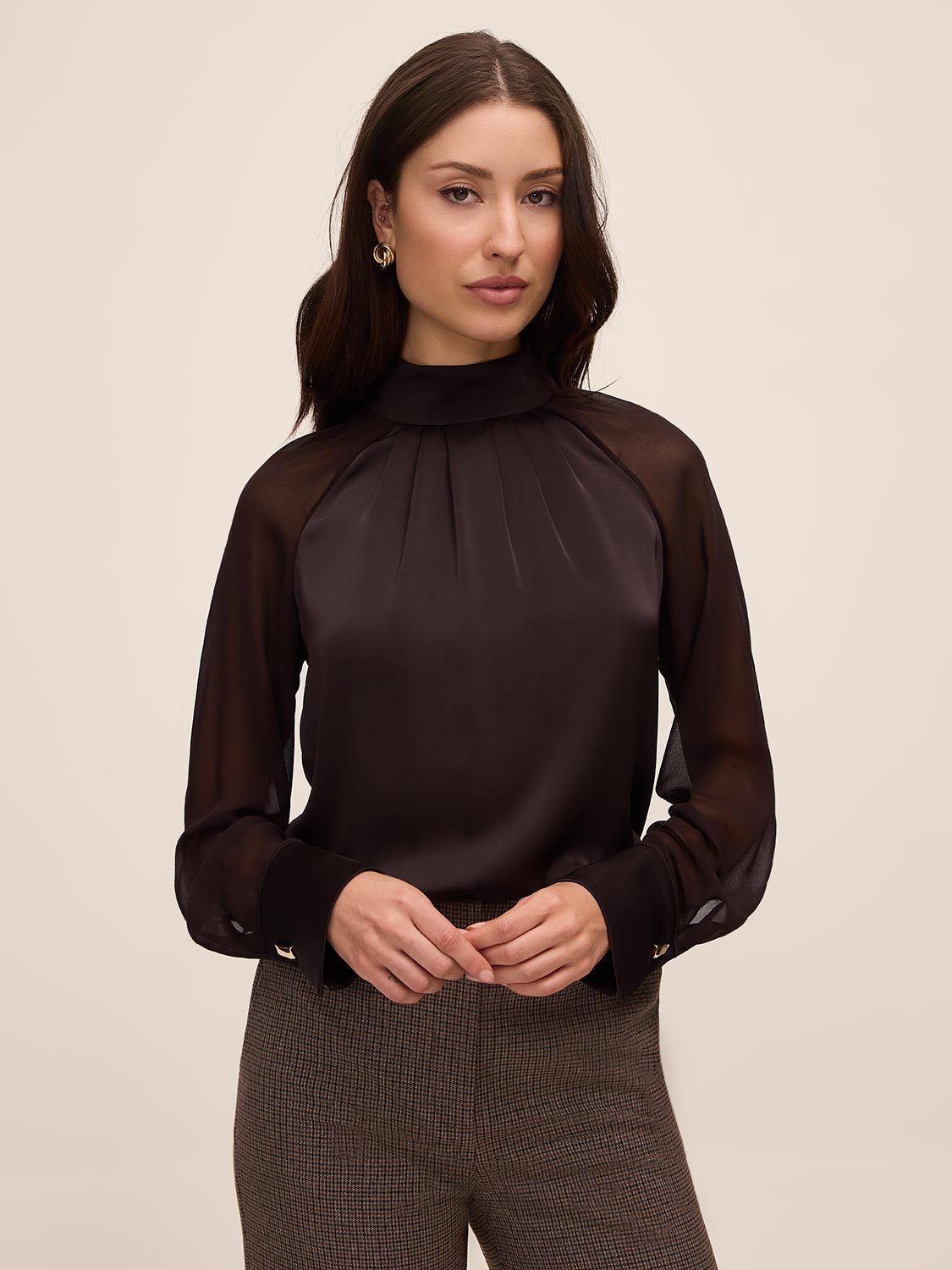 Chestnut Mixed Media Woven Top - Front View - Le Chateau