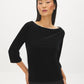 Jet Black Rhinestone Detail Velvet Boat Neck Top - Woman Wearing 3/4 Sleeve Elegant Top - Suzy Shier