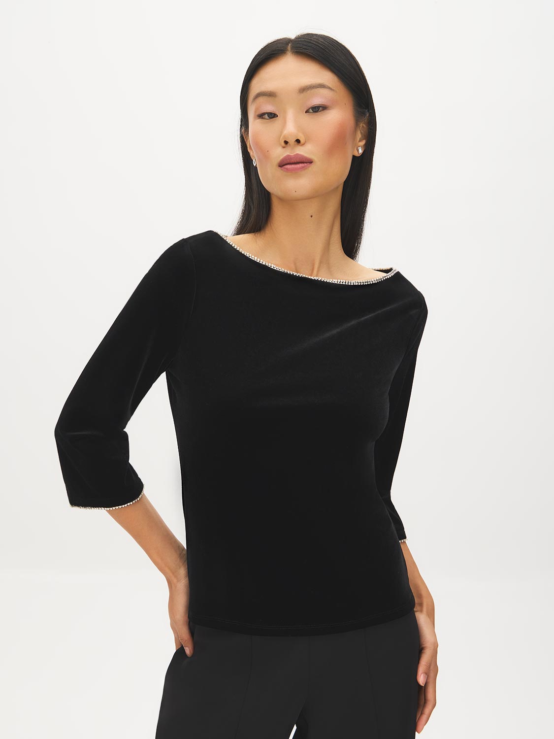 Jet Black Rhinestone Detail Velvet Boat Neck Top - Woman Wearing 3/4 Sleeve Elegant Top - Suzy Shier