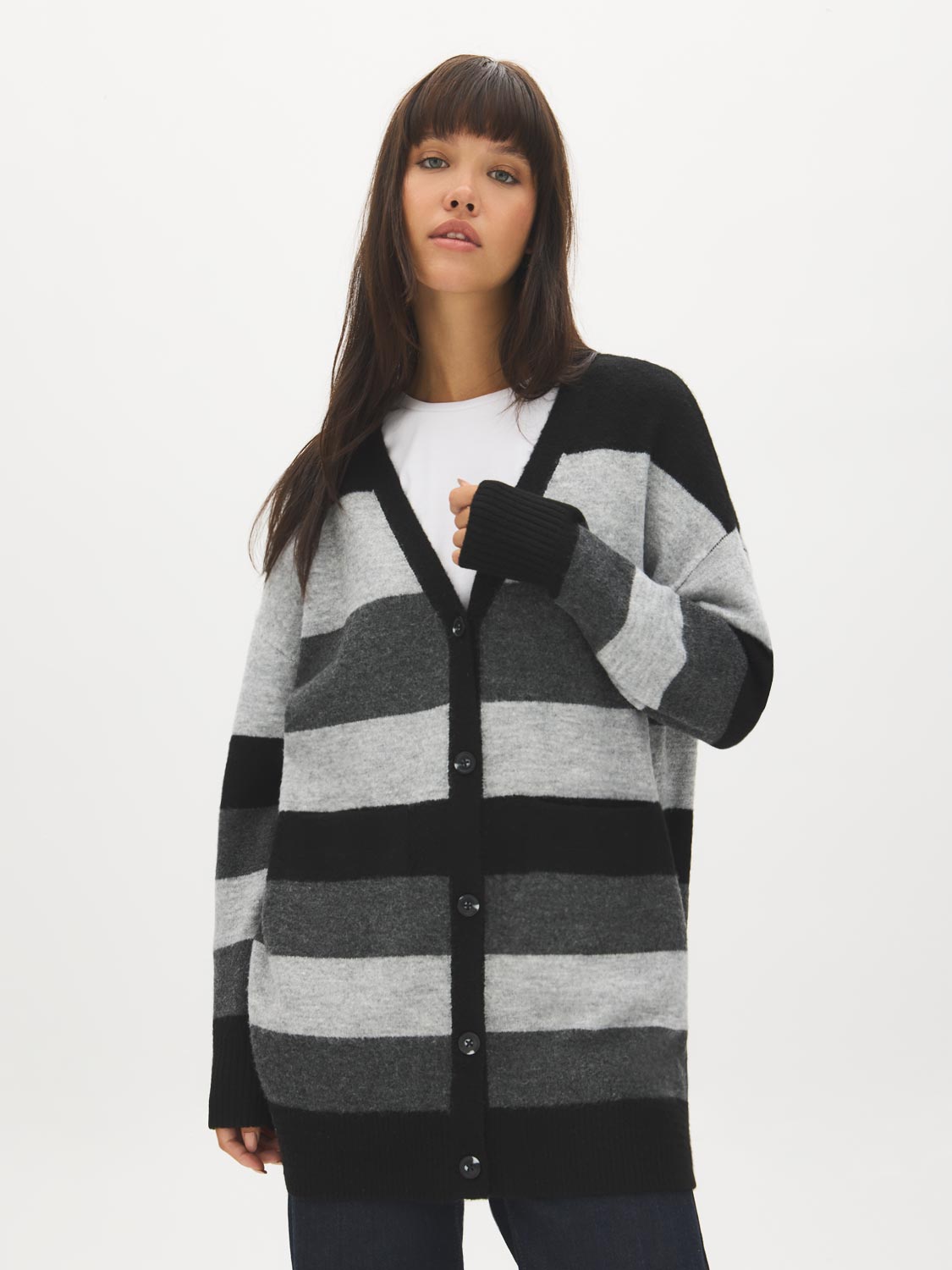 Dark Grey Mix Color Block Stripe Duster Cardigan - Woman Wearing Long Knit Sweater - Suzy Shier