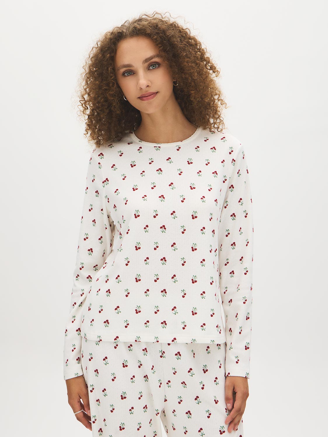 Snow White Cherry Bow Print Knit PJ Set - Front View - Suzy Shier