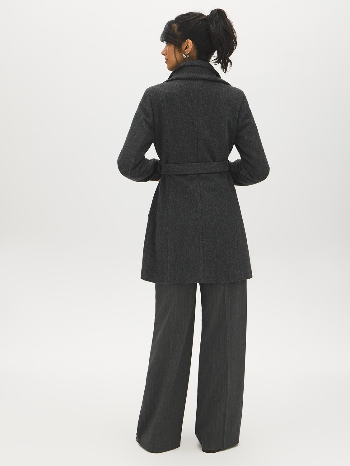 Dark Charcoal Melange Double Collar Mid-Length Coat with Belt - Back View - Suzy Shier