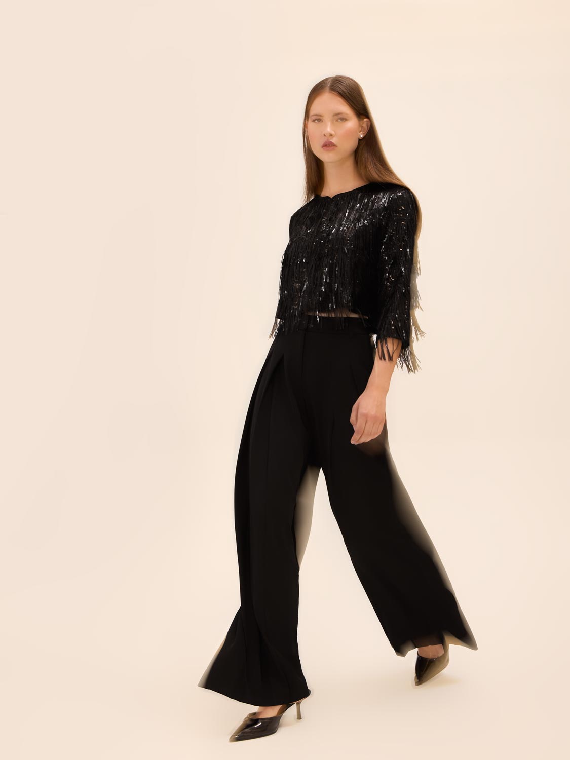 Black Sequin Fringe Bolero Cover Up - Walking View - Le Chateau
