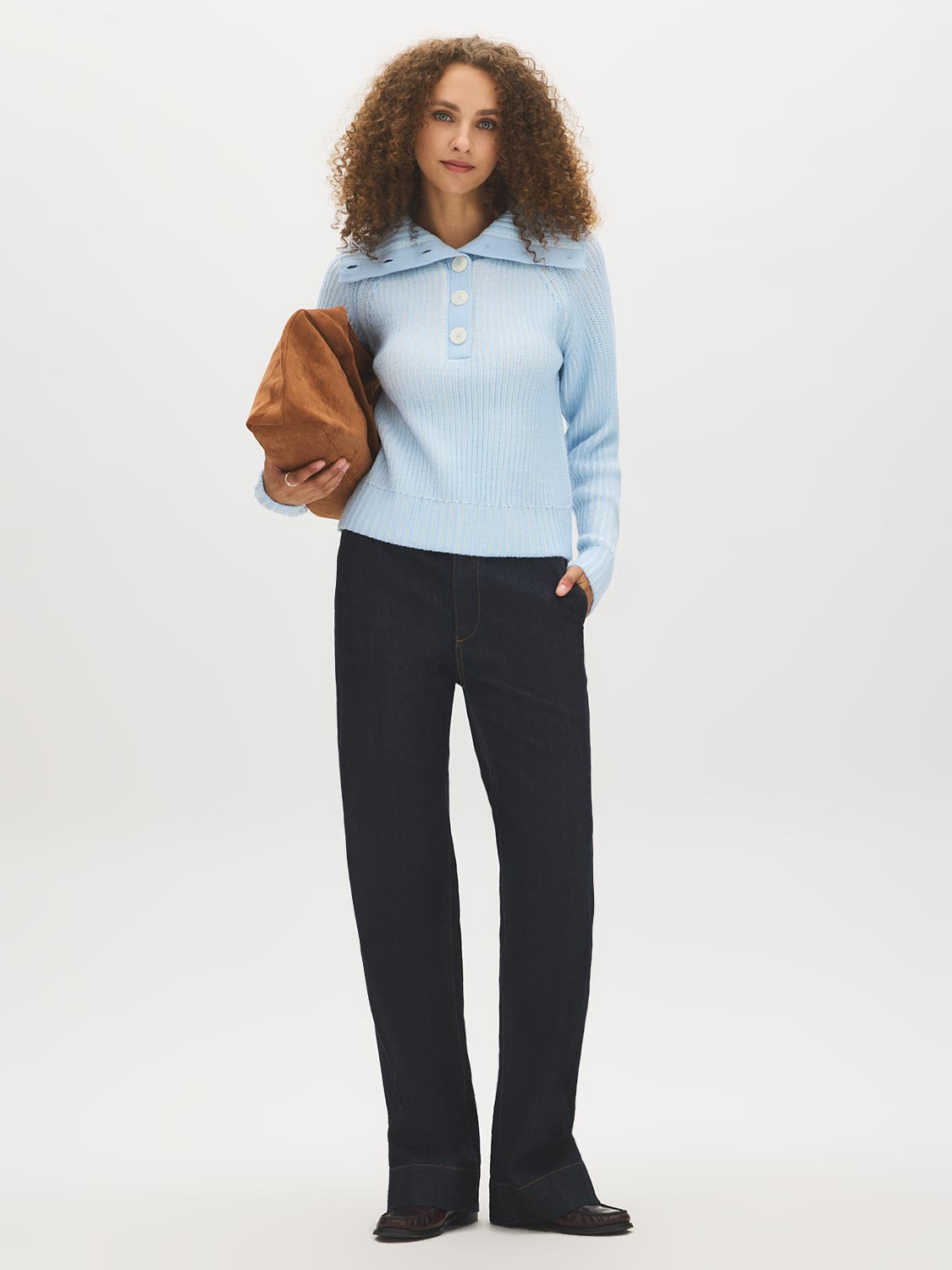 Blue Ribbed Shaker Stitch Sweater with Large Collar - Front View - Suzy Shier
