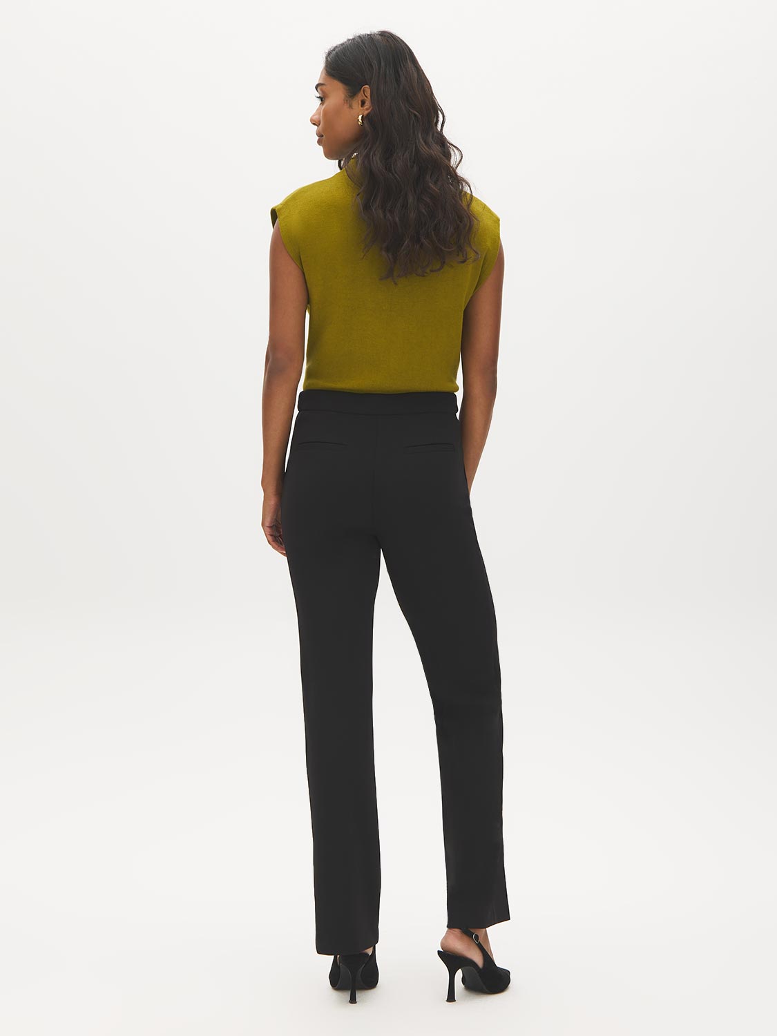 Black Pull-On Straight Leg Pants with Button Tabs - Back View - Suzy Shier