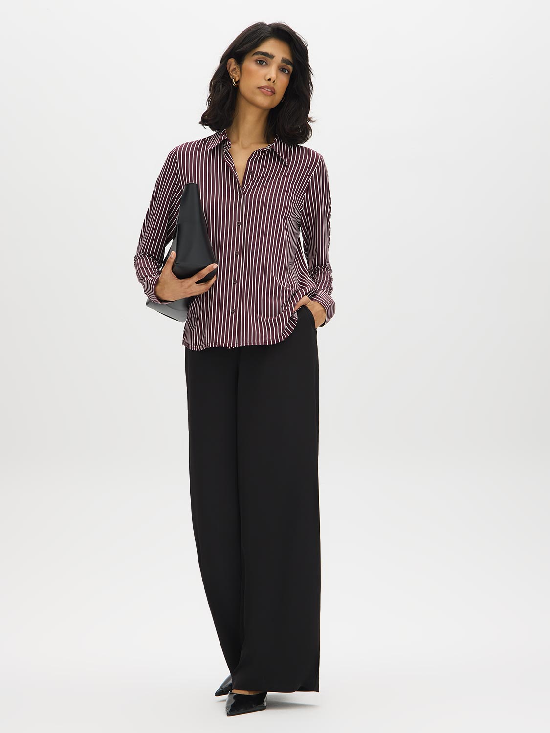 Winetasting Stripe Button-Up Blouse - Full Body View - Suzy Shier