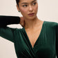 Dark Emerald Velour Crossover Sheath Dress - Close-up Neckline Detail - Le Chateau