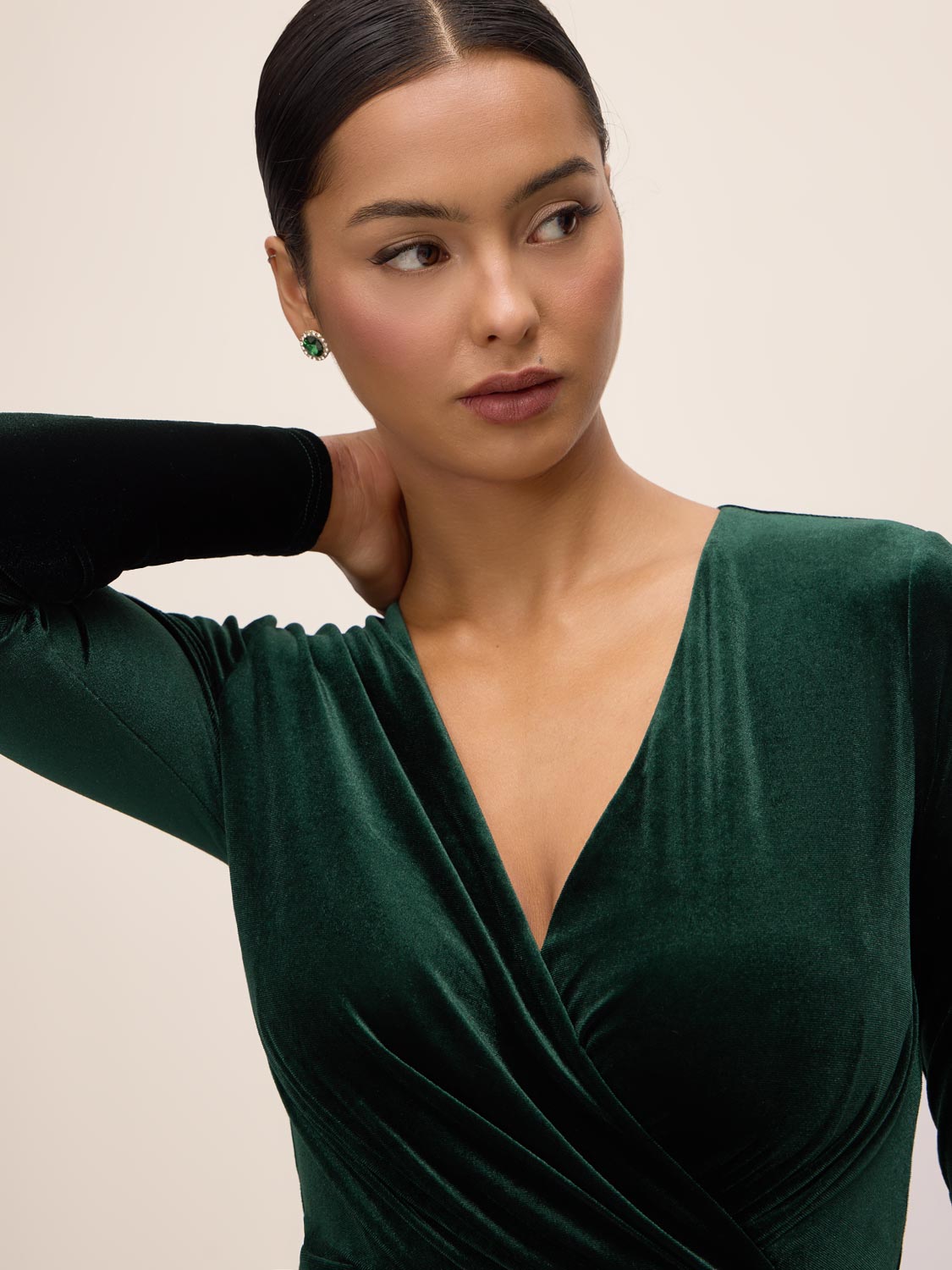 Dark Emerald Velour Crossover Sheath Dress - Close-up Neckline Detail - Le Chateau