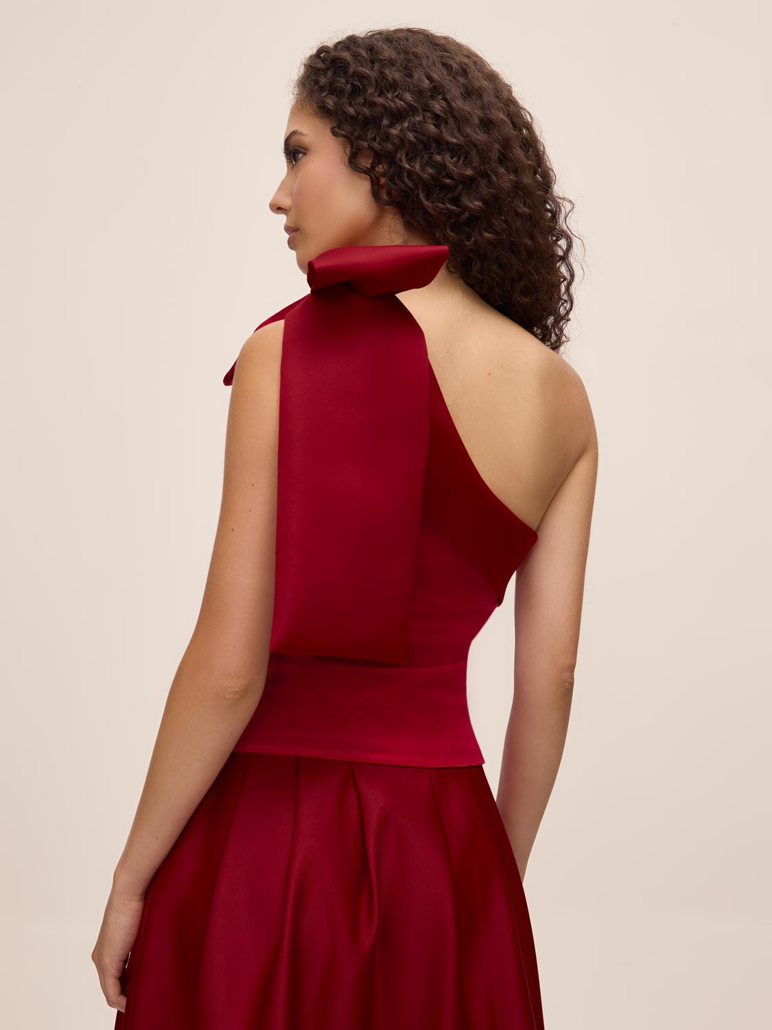 Lipstick Red Satin Bow One-Shoulder Velour Top - Back View - Le Chateau