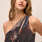 Dark Sapphire Bordeaux Floral One-Shoulder Gown - Close-up Neckline Detail - Le Chateau