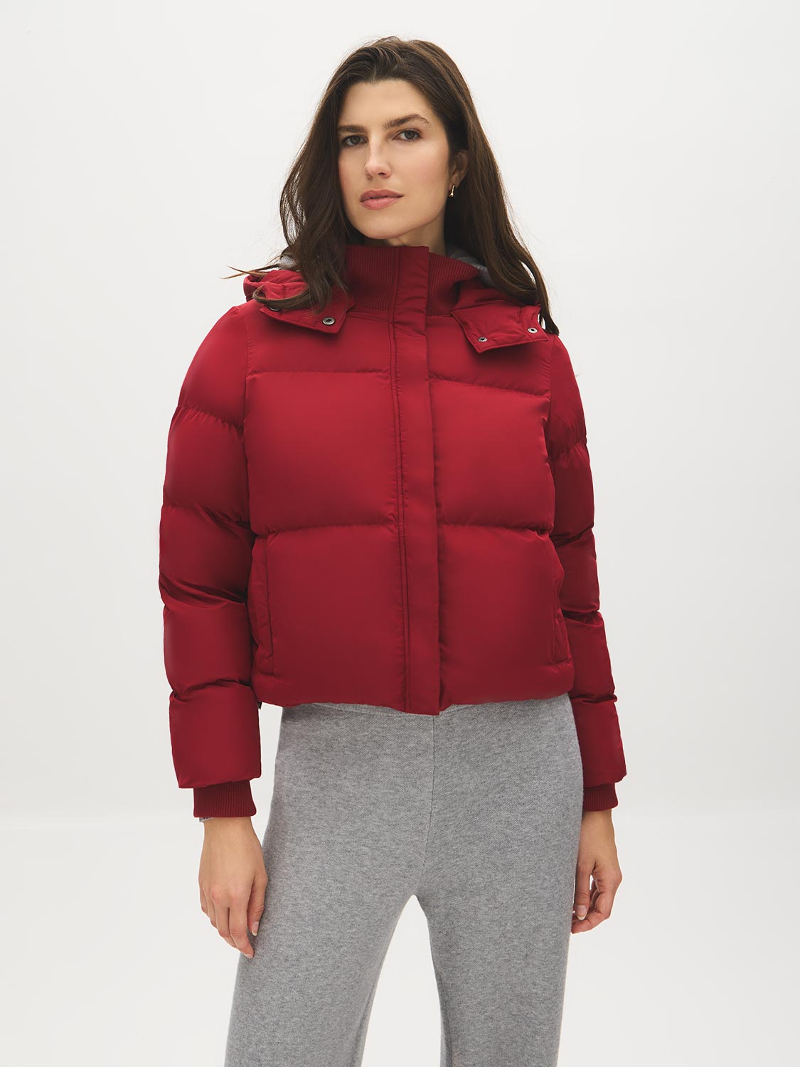 Lipstick Short Puffer Jacket with Hood - Woman Wearing Ribbed Cuff Outerwear - Suzy Shier