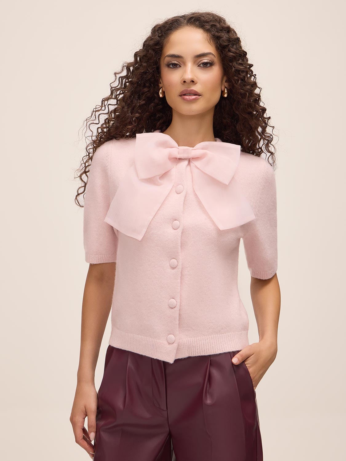 Pink Dust Short Sleeve Cardigan with Organza Bow - Front View - Le Chateau
