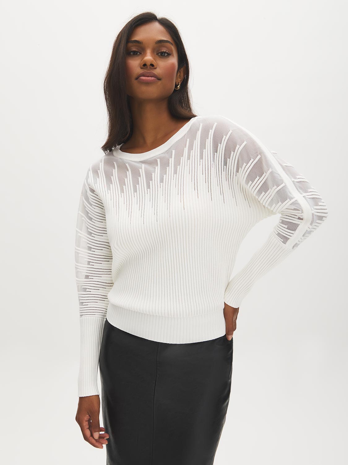 Pearl Mesh Detail Boat Neck Sweater - Woman Wearing Knit Sweater with Dolman Sleeves - Suzy Shier