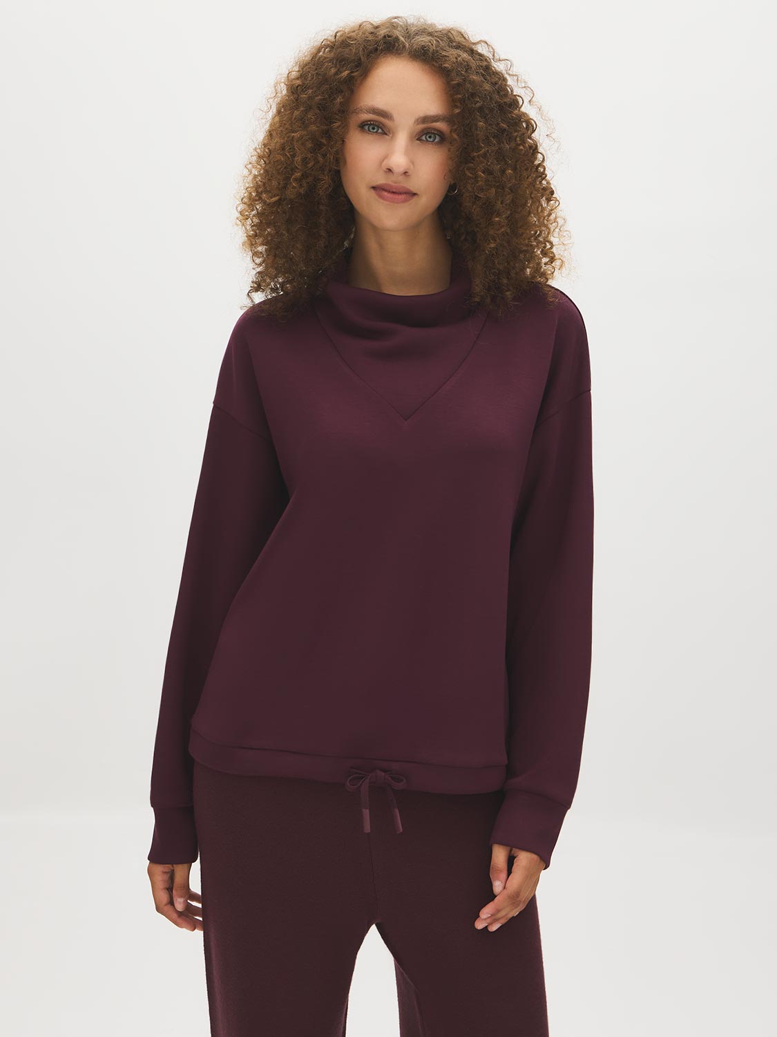 Winetasting Boxy Cowl Neck Fleece Top - Woman Wearing Cozy Knit Top - Suzy Shier