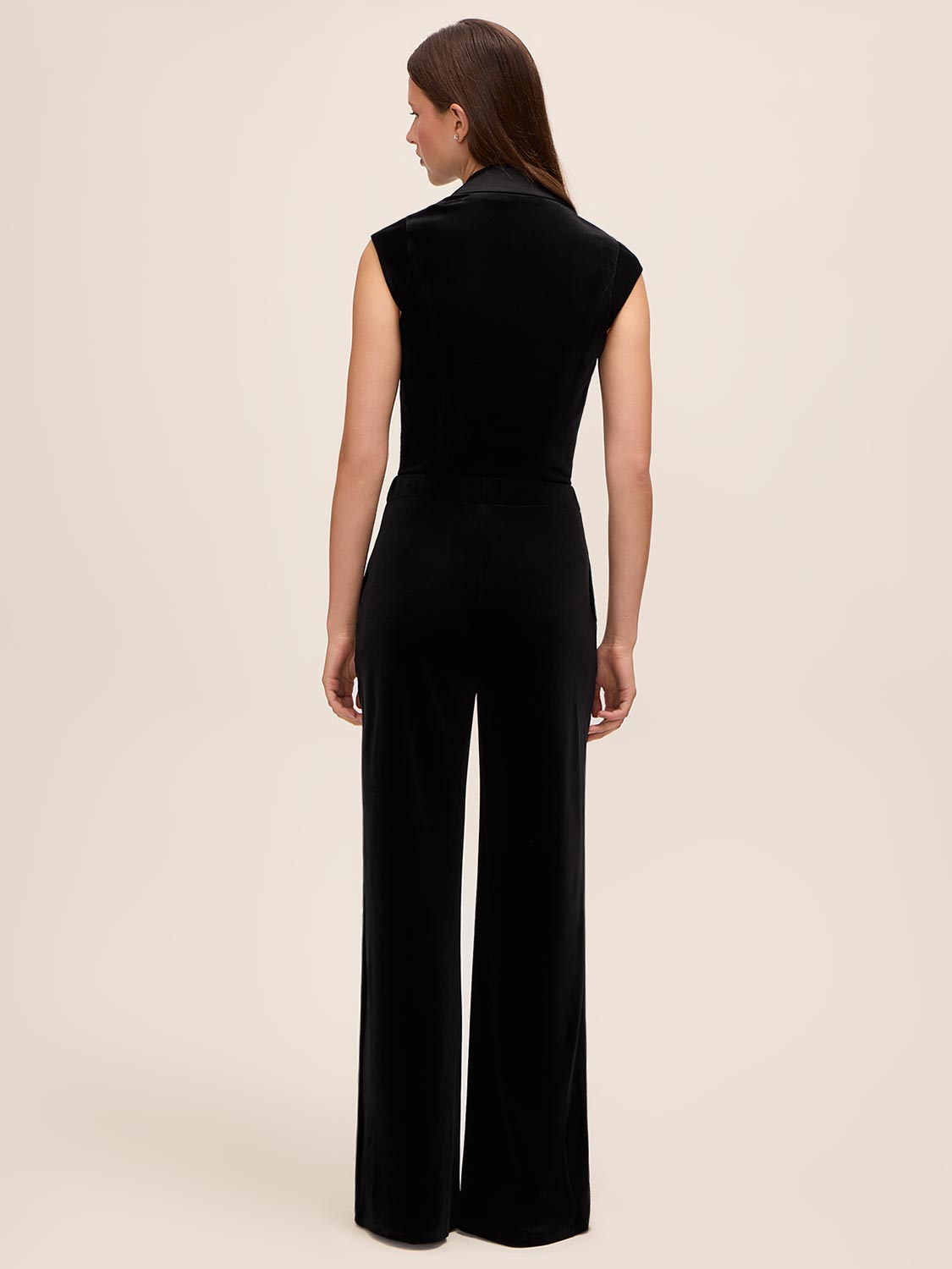 Black Velour Wide Leg Pant with Crystal Buttons - Back View - Le Chateau