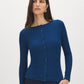 Estate Blue Ribbed Boat Neck Top with Button Front - Woman Wearing Fitted Knit Top - Suzy Shier