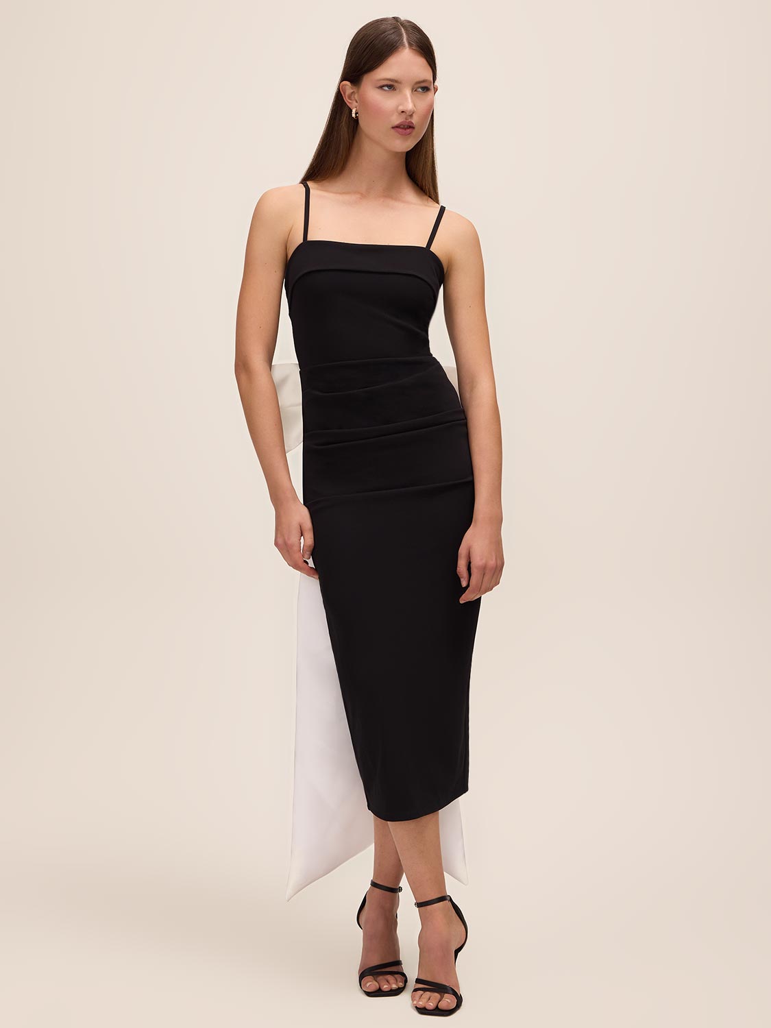 Black/White Knit Crepe Midi Sheath Dress - Woman Wearing Satin Bow Detail Dress - Le Chateau