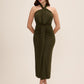 Khaki Twist Knot Halter Neckline Midi Dress - Woman Wearing Draped Skirt Detail Gown - Le Chateau