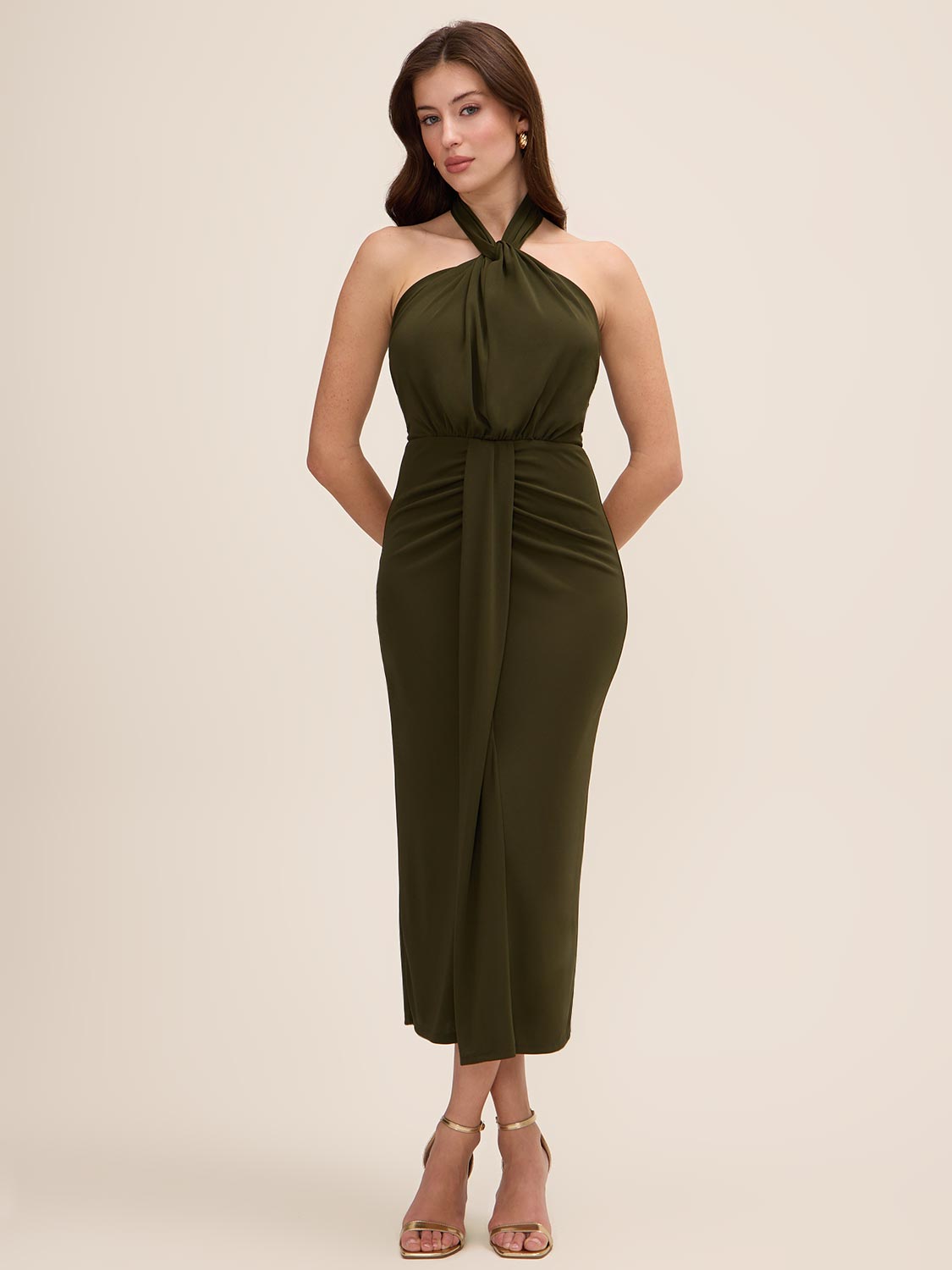 Khaki Twist Knot Halter Neckline Midi Dress - Woman Wearing Draped Skirt Detail Gown - Le Chateau
