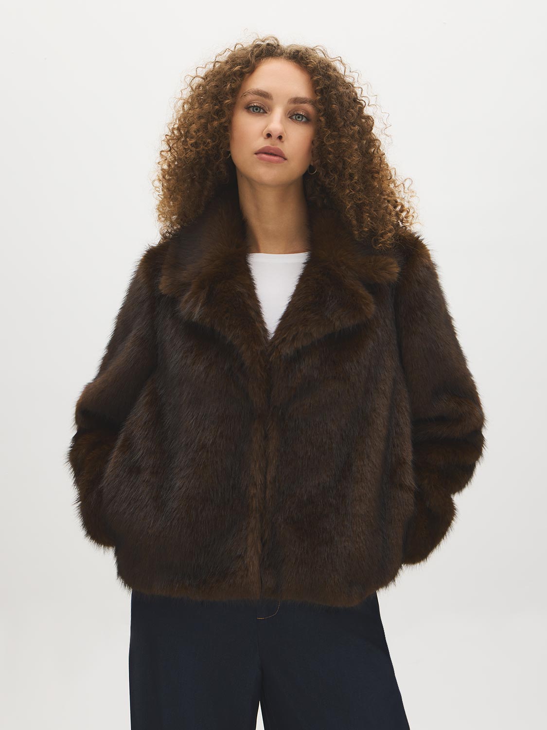 Brown Faux Fur Coat with Leather Detail - Woman Wearing Warm Winter Outerwear - Suzy Shier