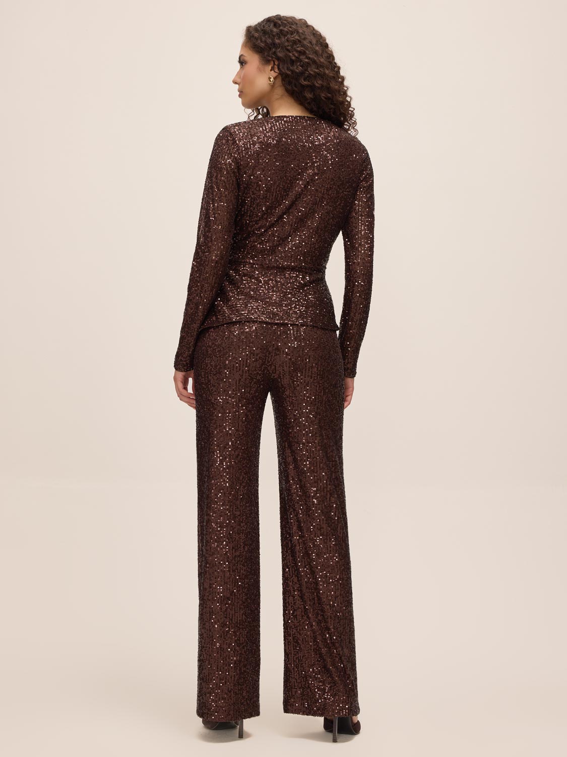 Espresso Sequin Wrap Top - Back View - Le Chateau
