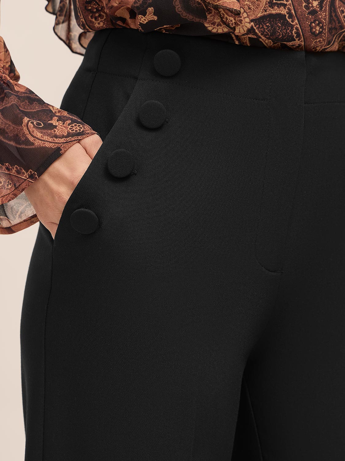Black Wide Leg Woven Pants with Side Button Detail - Close-up Side Button Detail - Le Chateau
