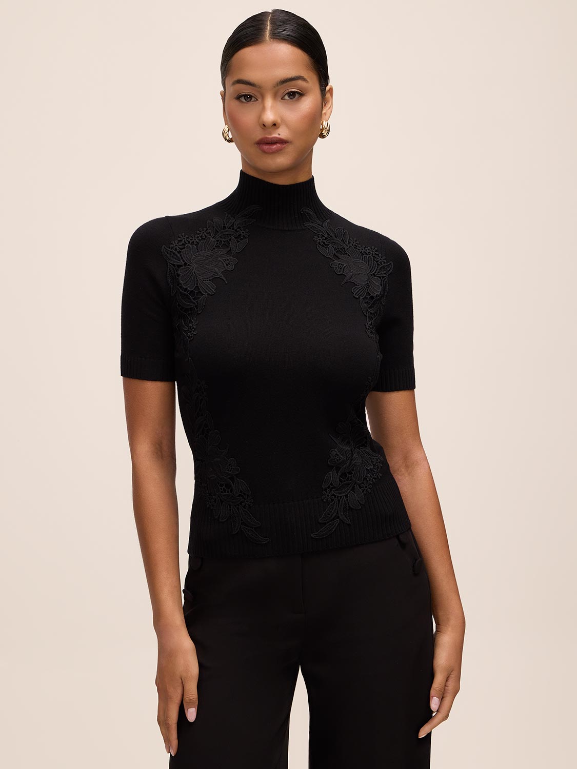 Black Short Sleeve Sweater with Lace Appliqué - Elegant Knit Top Detail - Le Chateau