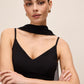 Black Knit Crepe Gown with Chiffon Godet Inserts - Upper Body Detail - Le Chateau