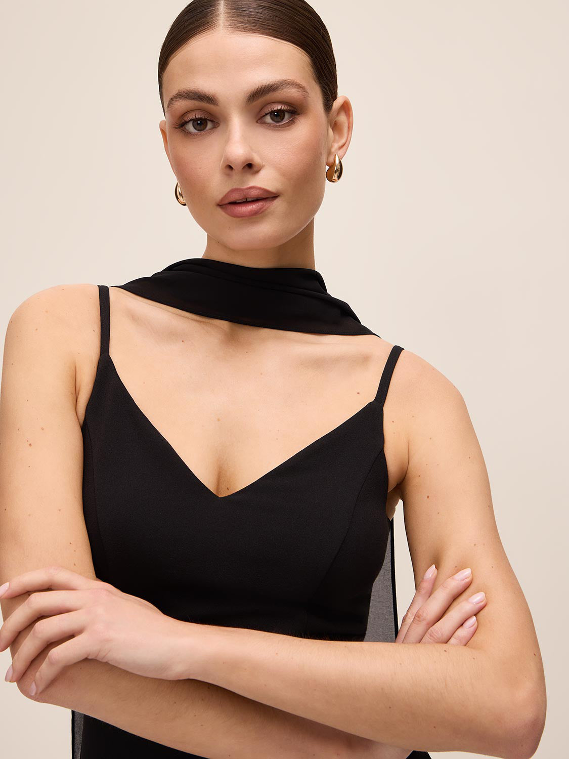 Black Knit Crepe Gown with Chiffon Godet Inserts - Upper Body Detail - Le Chateau