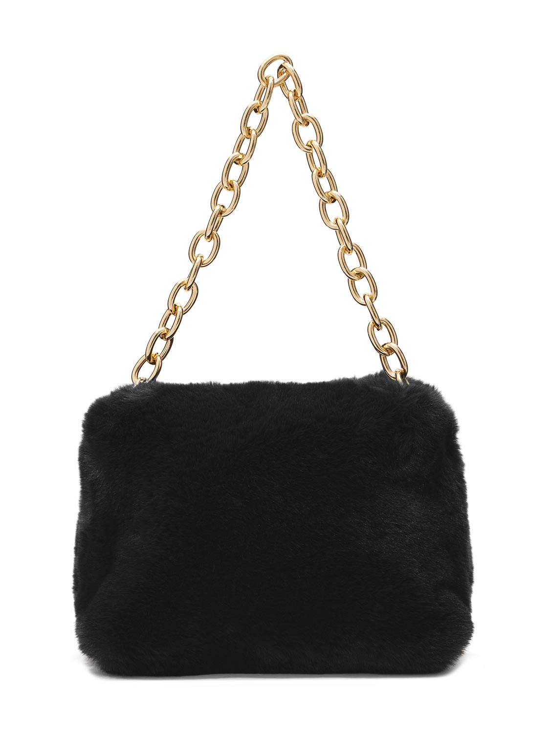 Black Faux Fur Bag with Gold Chain Handle - Woven Evening Accessory - Le Chateau