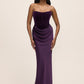 Dark Plum Bustier Gown with Velour Upper - Woman Wearing Satin Skirt Evening Dress - Le Chateau