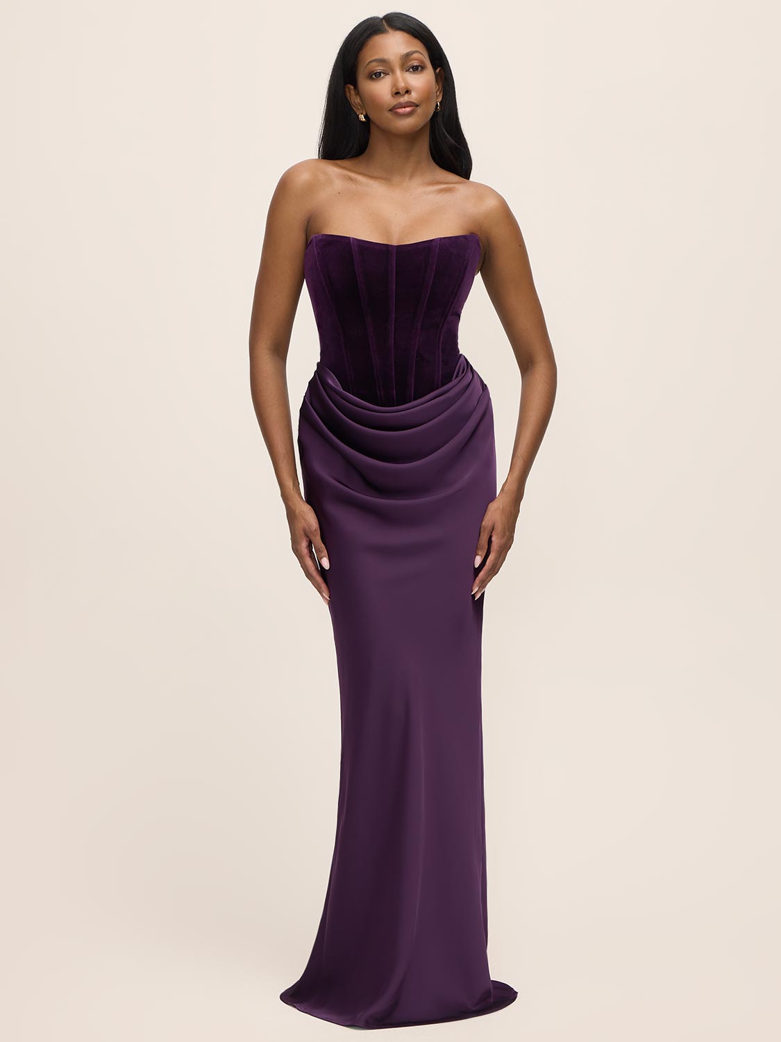 Dark Plum Bustier Gown with Velour Upper - Woman Wearing Satin Skirt Evening Dress - Le Chateau