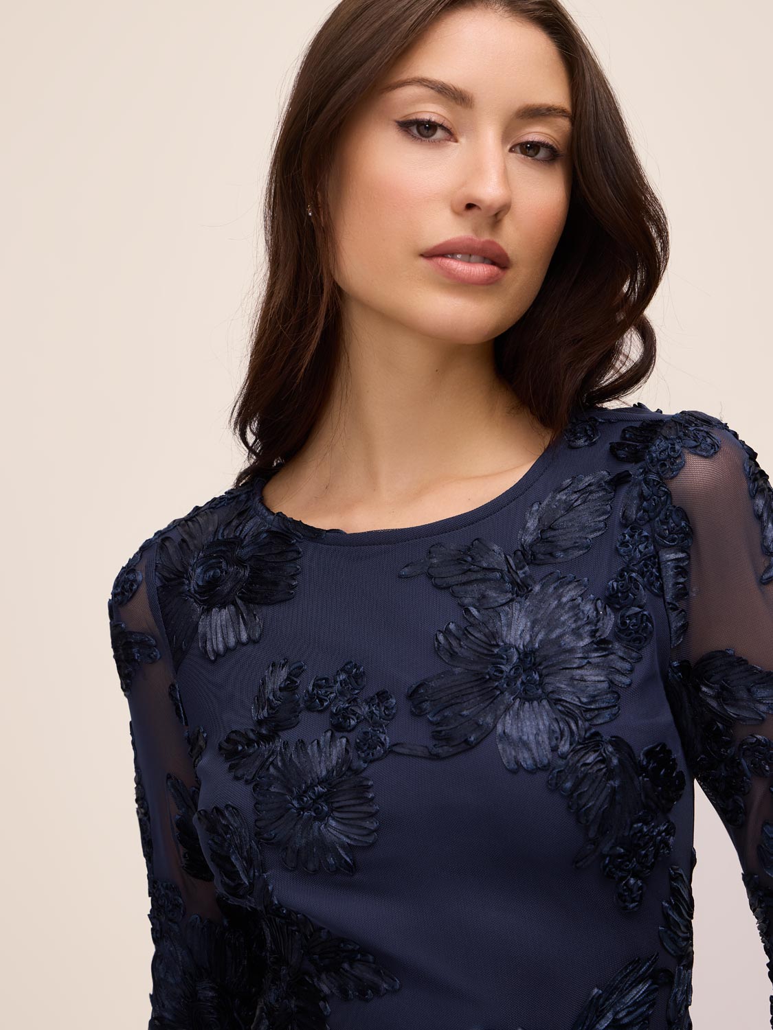 Midnight Blue Soutache on Mesh Pop-Over Mini Dress - Close-up Fabric Detail - Le Chateau