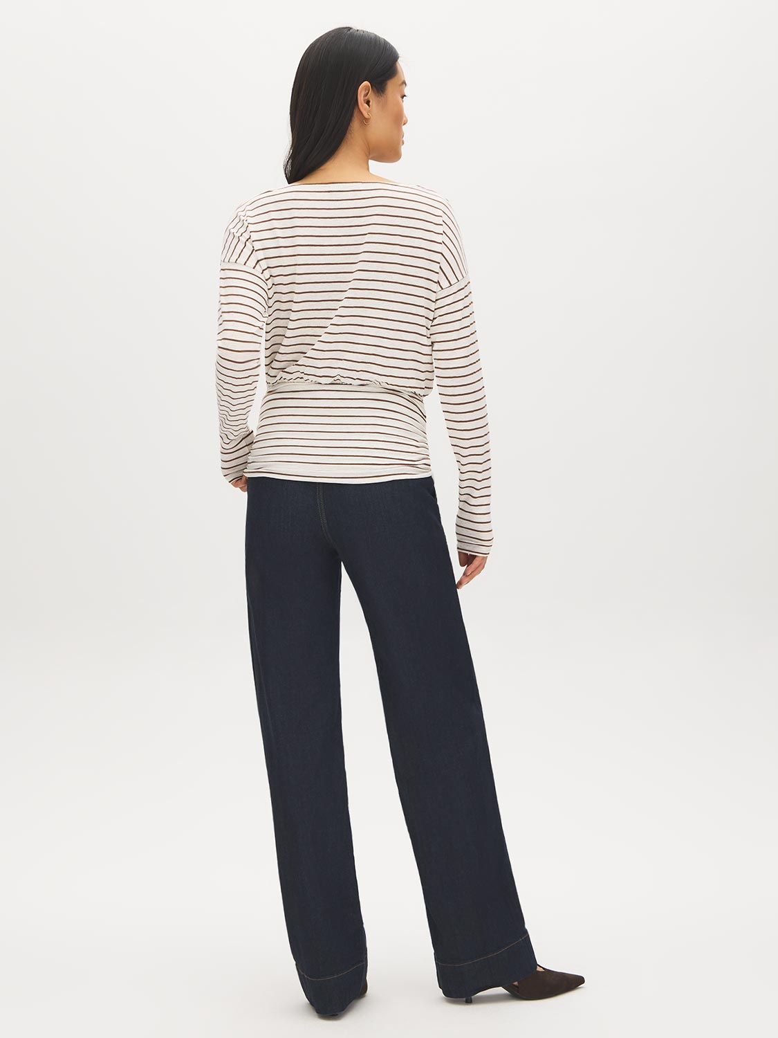 Bison/Snow White Striped Boat Neck Knit Top - Back View - Suzy Shier