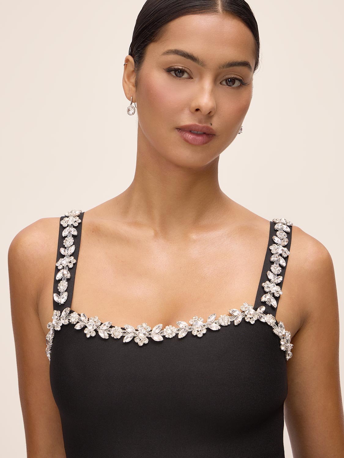 Black Square Neck Bandage Sheath Dress with Jewel Trim - Jewel Trim Detail - Le Chateau