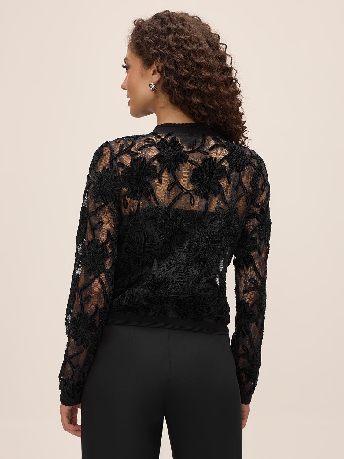 Black Chenille Soutache Lace Cardigan - Back View - Le Chateau